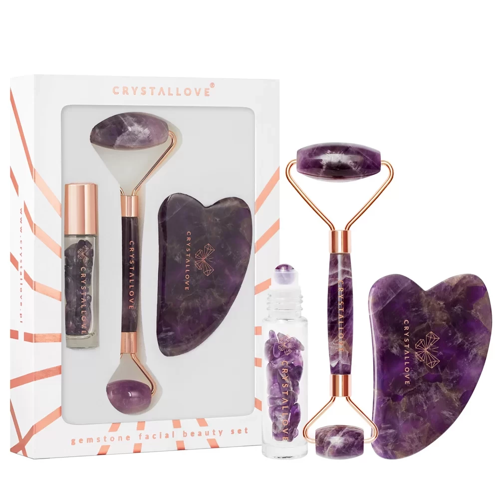 Amethyst beauty set: face roller + gua sha plate + roll-on bottle